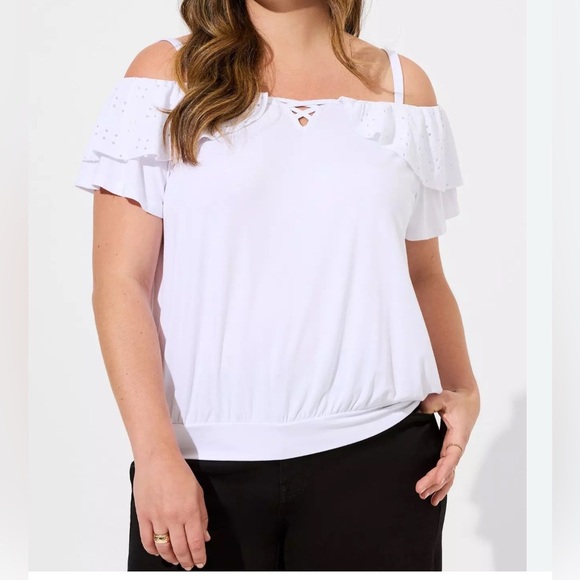 Torrid Super Soft Cold Shoulder Eyelet Ruffle Crop Top - Picture 1 of 5